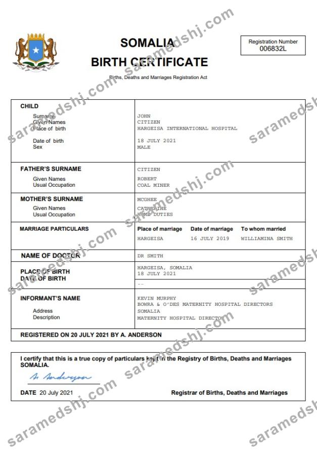 Somalia birth certificate Word and PDF template
